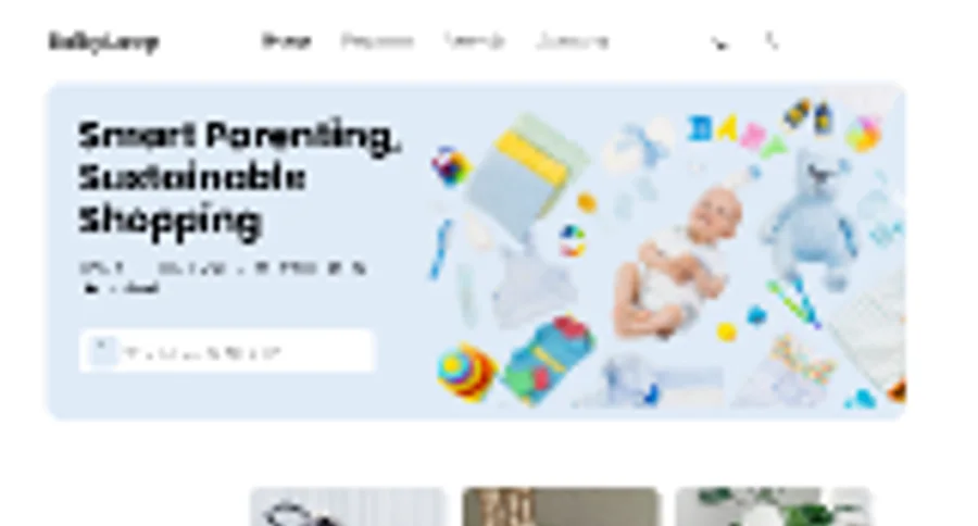 The landing hero: “Smart Parenting, Sustainable Shopping” over a search-led layout.